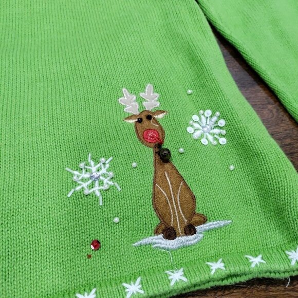 Quacker Factory Green Cute Ugly Christmas Sweater S Snowman & Reindeer - Picture 12 of 12